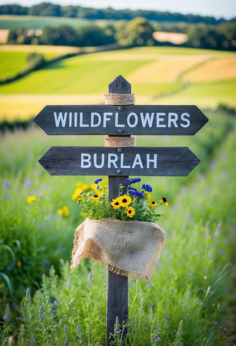 A wooden signpost adorned with wildflowers and burlap, surrounded by a lush countryside landscape