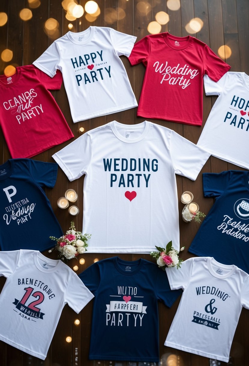 A group of baseball tees with wedding party themes arranged in a playful and celebratory manner