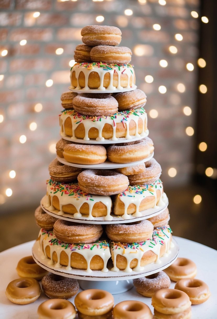 A towering wedding cake made of churro doughnuts, adorned with glaze and sprinkles, surrounded by smaller donut tiers