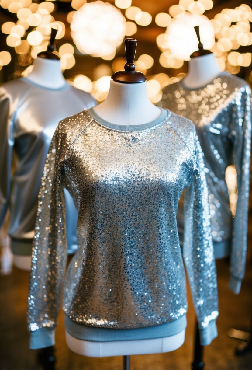 A silver glitter sweatshirt displayed among wedding party shirt ideas