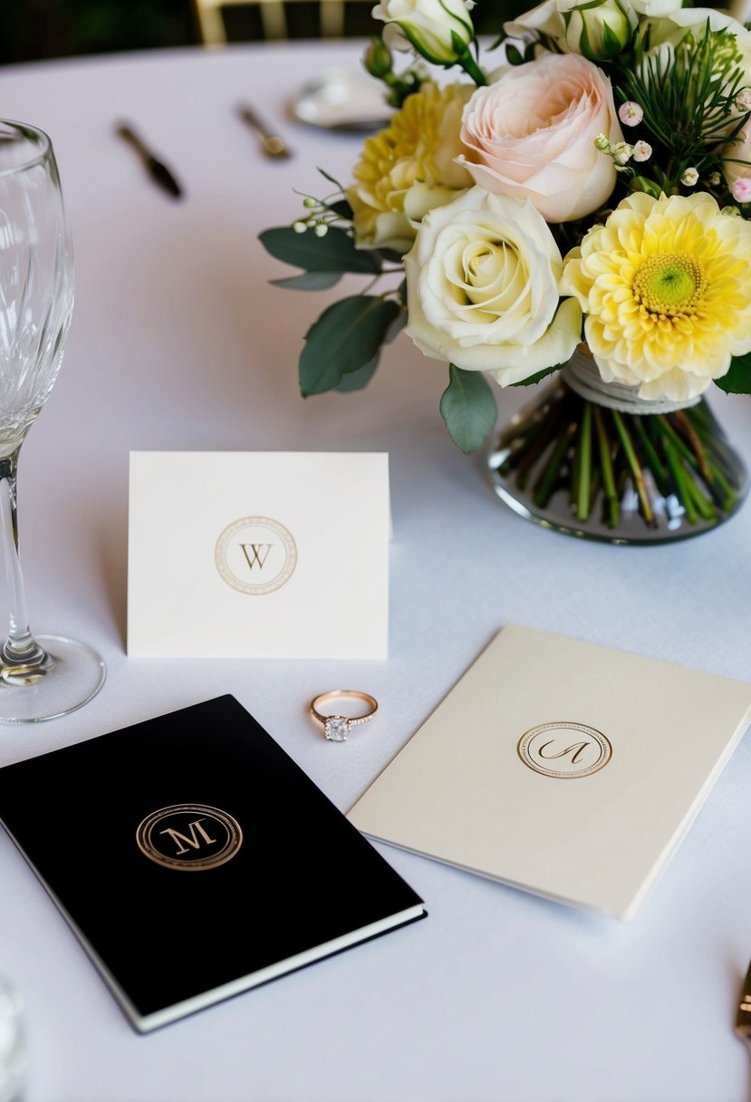 A table with elegant monogrammed cards, a bouquet of flowers, and a wedding ring