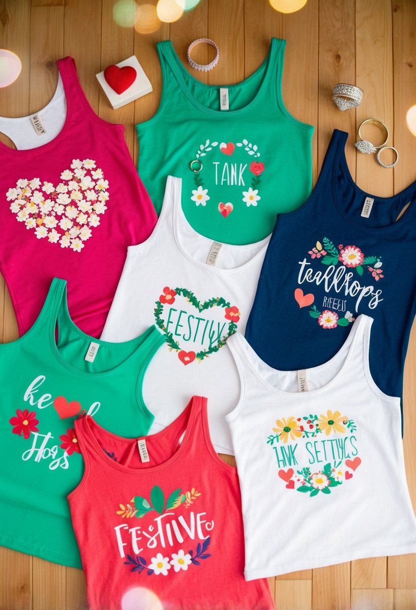 A group of festive tank tops arranged in a playful and stylish manner, with decorative elements like flowers, hearts, and wedding rings