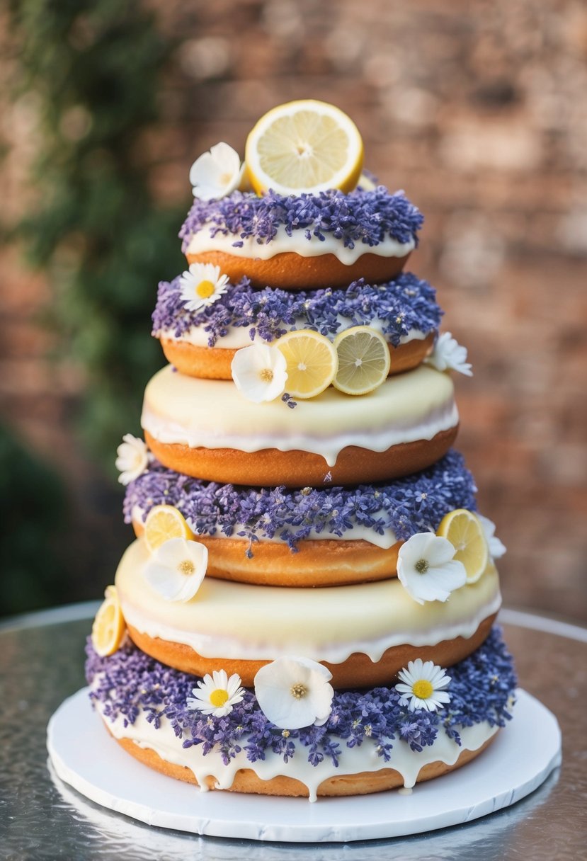 A towering wedding cake made of lavender and lemon doughnuts, adorned with delicate edible flowers and citrus slices