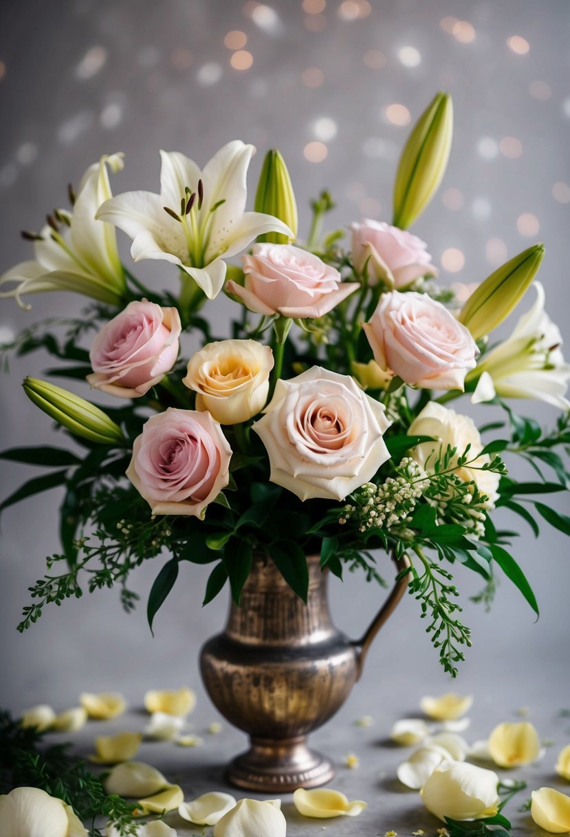 A bouquet of delicate roses and lilies arranged in a vintage vase, surrounded by scattered petals and greenery