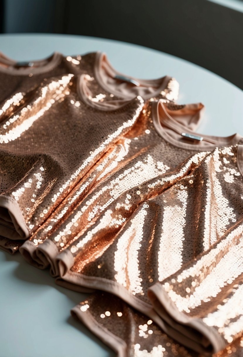 A group of rose gold sequin t-shirts arranged on a table, with soft lighting highlighting their shimmering texture