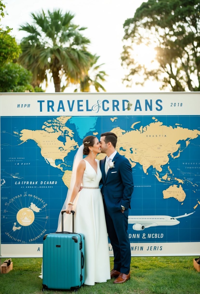 A couple's wedding announcement with travel-themed elements like suitcases, airplanes, and world maps