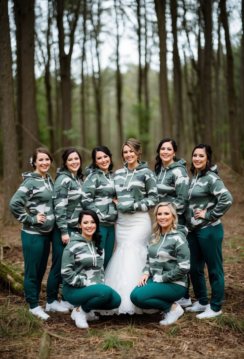 A group of bridesmaids wearing matching camouflage bridal hoodies, posing in a forest clearing