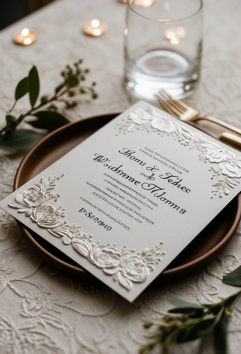 A wedding invitation with embossed floral details and a tactile feel