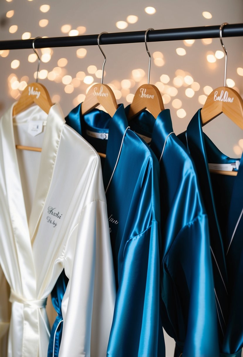 A row of satin bridal party robes hanging on personalized hangers