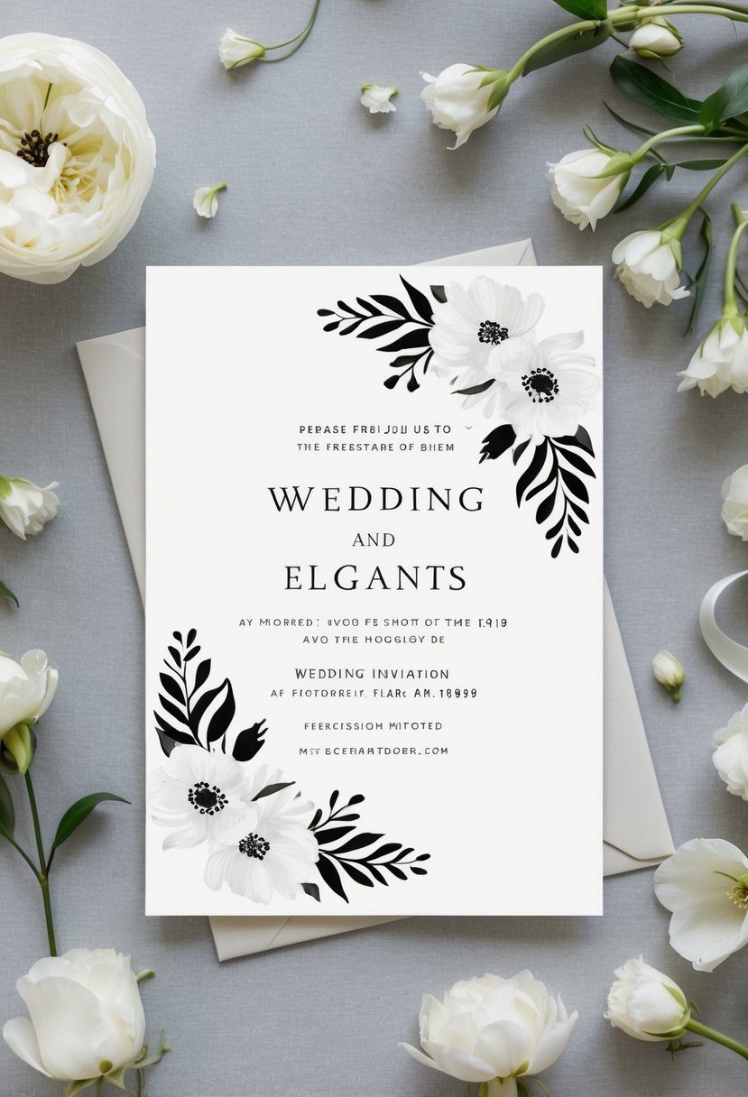 A simple, elegant wedding invitation with black and white floral motifs and clean, modern typography