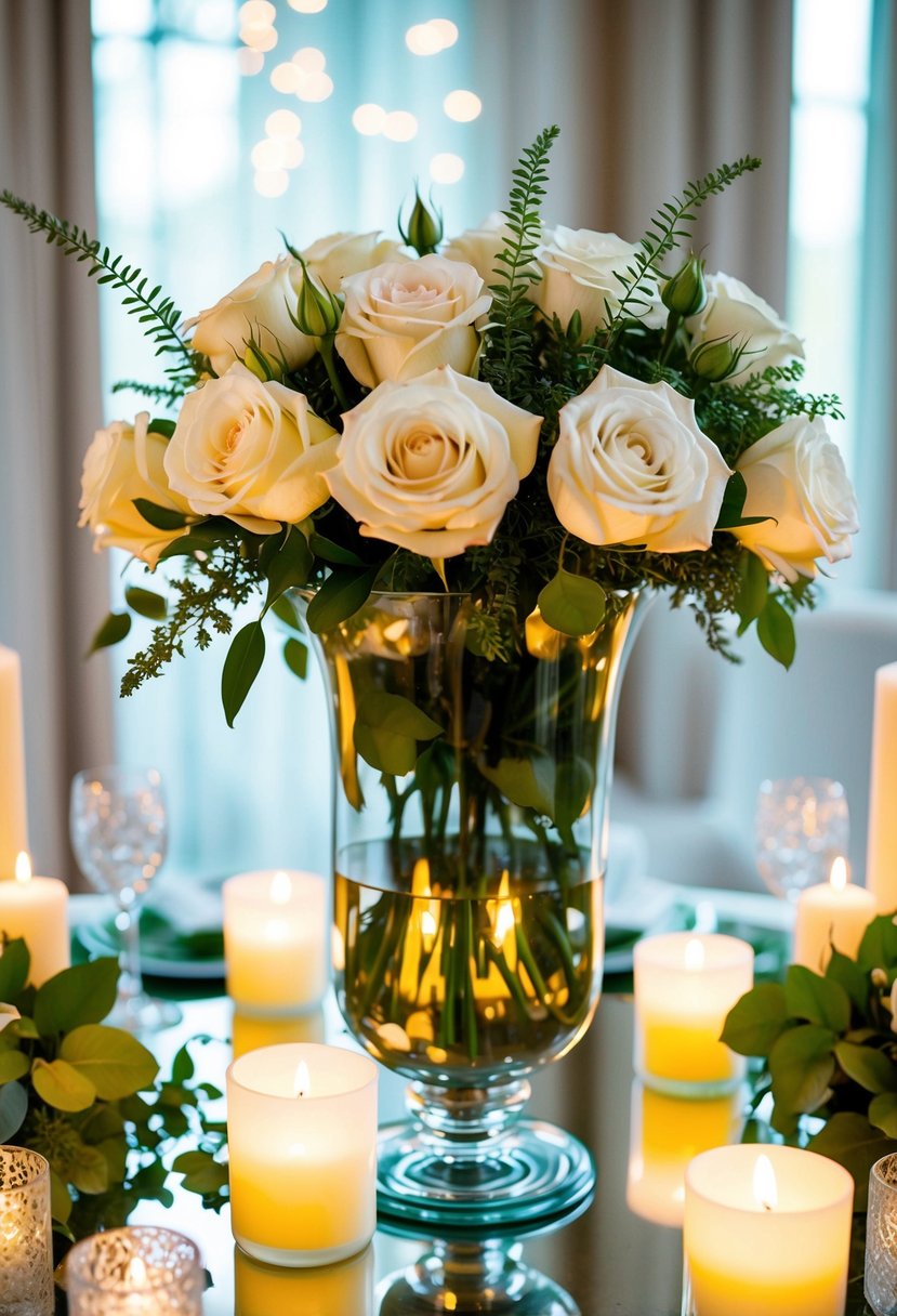 A hurricane vase filled with white roses and greenery, surrounded by flickering candles on a mirrored table