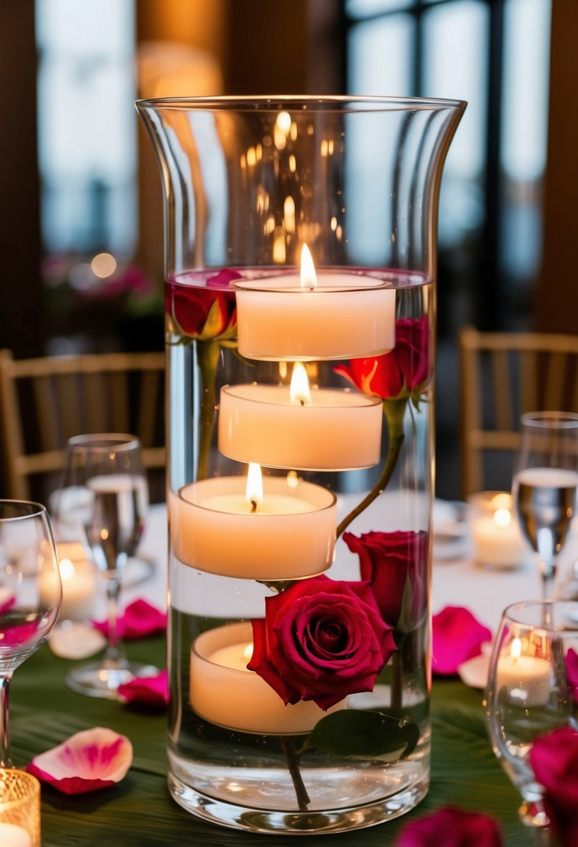 A hurricane vase filled with water, rose petals, and floating candles, serving as a romantic and elegant wedding centerpiece