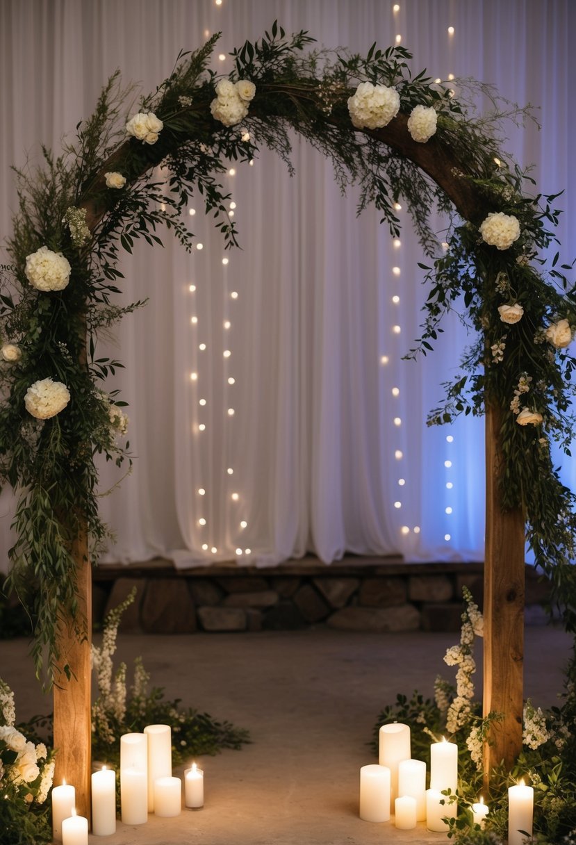 A rustic wooden arch adorned with flowing greenery and delicate white flowers, surrounded by soft candlelight and twinkling fairy lights