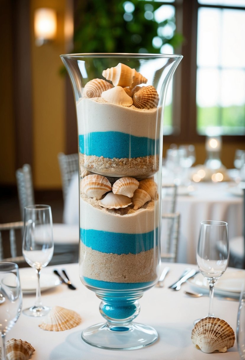 A hurricane vase filled with layered sand and seashells, serving as a wedding centerpiece