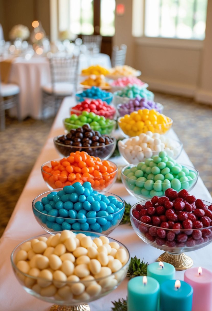 A colorful array of assorted candies and sweets displayed on a decorated table at a wedding reception