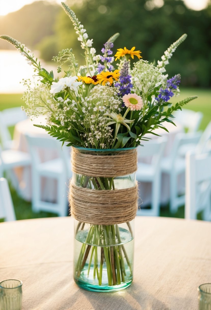 A hurricane vase wrapped in rustic twine holds a bouquet of wildflowers, creating a charming wedding centerpiece idea