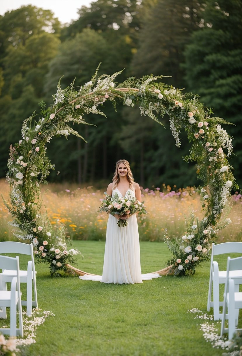 A bohemian wildflower arch frames a circle wedding ceremony