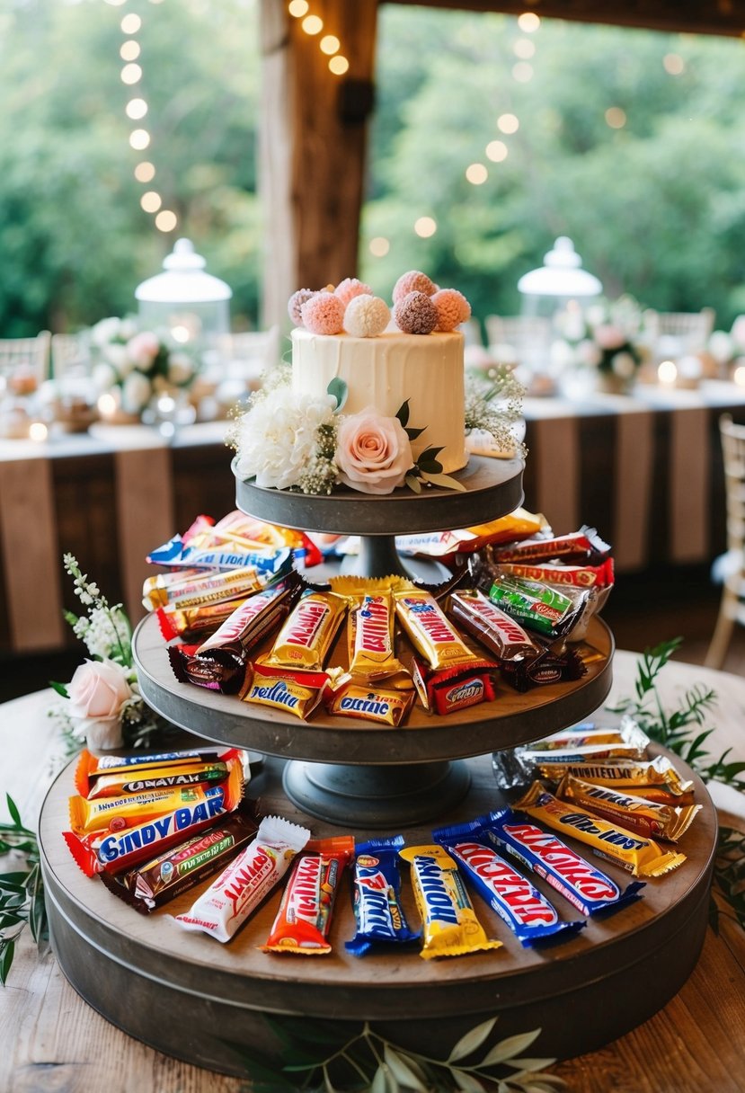 A vintage candy bar display at a wedding, featuring a variety of nostalgic candy bars arranged on a rustic table with floral accents