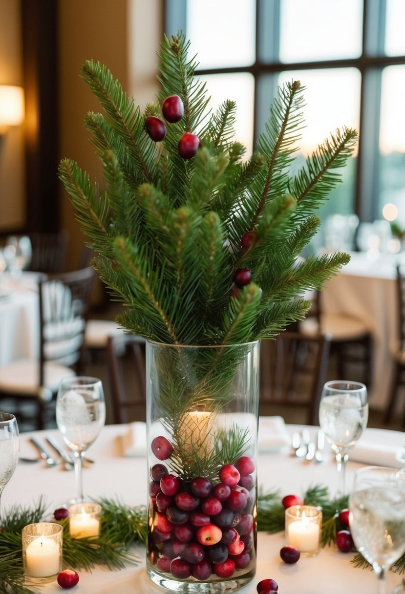 A hurricane vase filled with fresh-cut pine stems and cranberries, serving as a wedding centerpiece