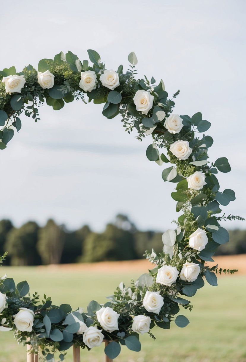 A circular wedding arch adorned with eucalyptus and white roses