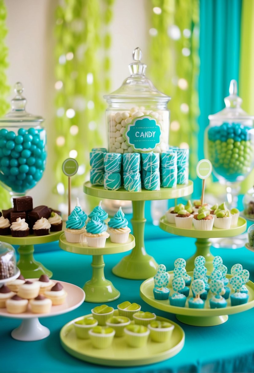 A candy bar with turquoise and lime decorations, featuring a variety of sweet treats and desserts arranged in an elegant and enticing display