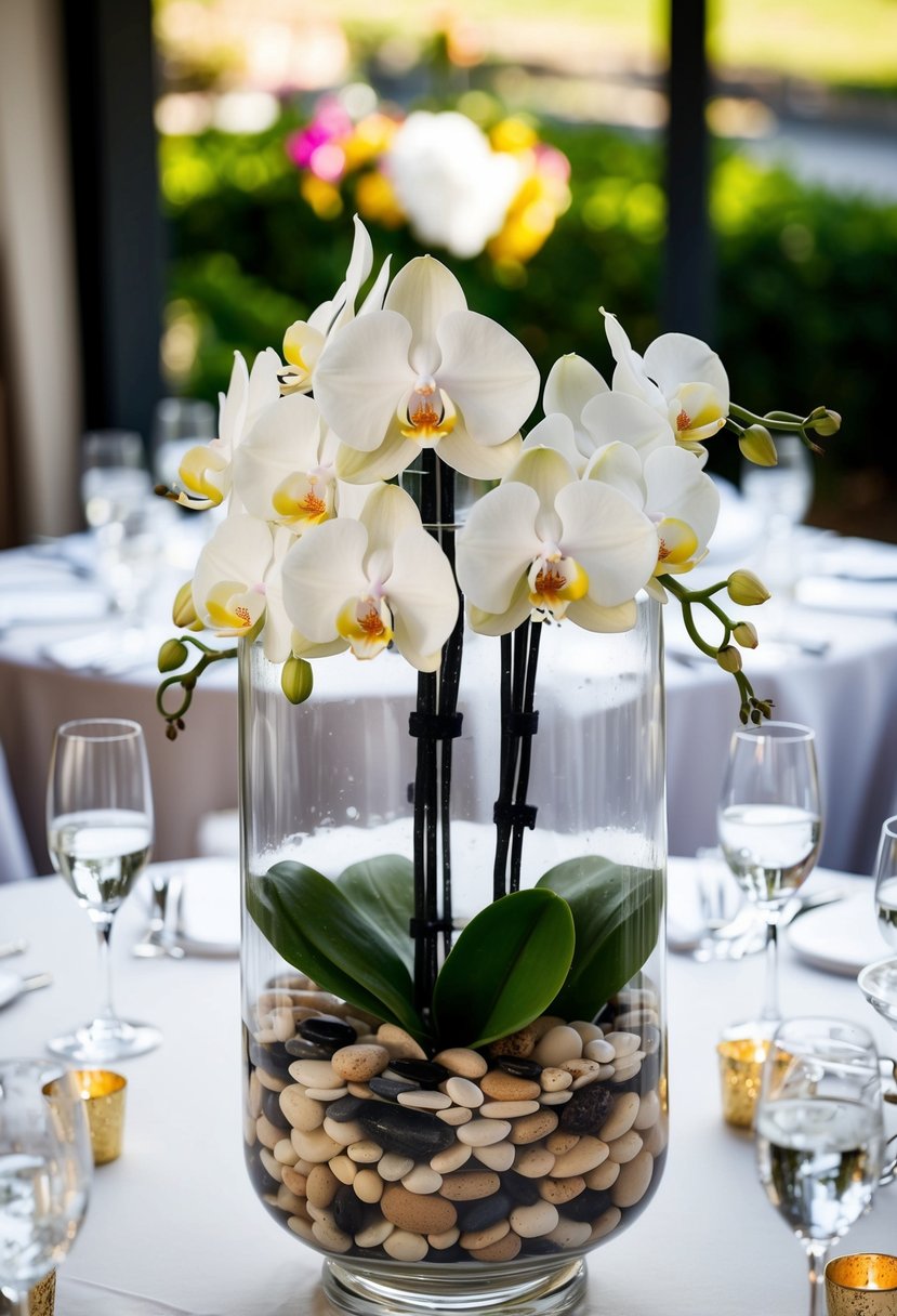 An elegant hurricane vase filled with submerged orchids and pebbles, creating a stunning wedding centerpiece