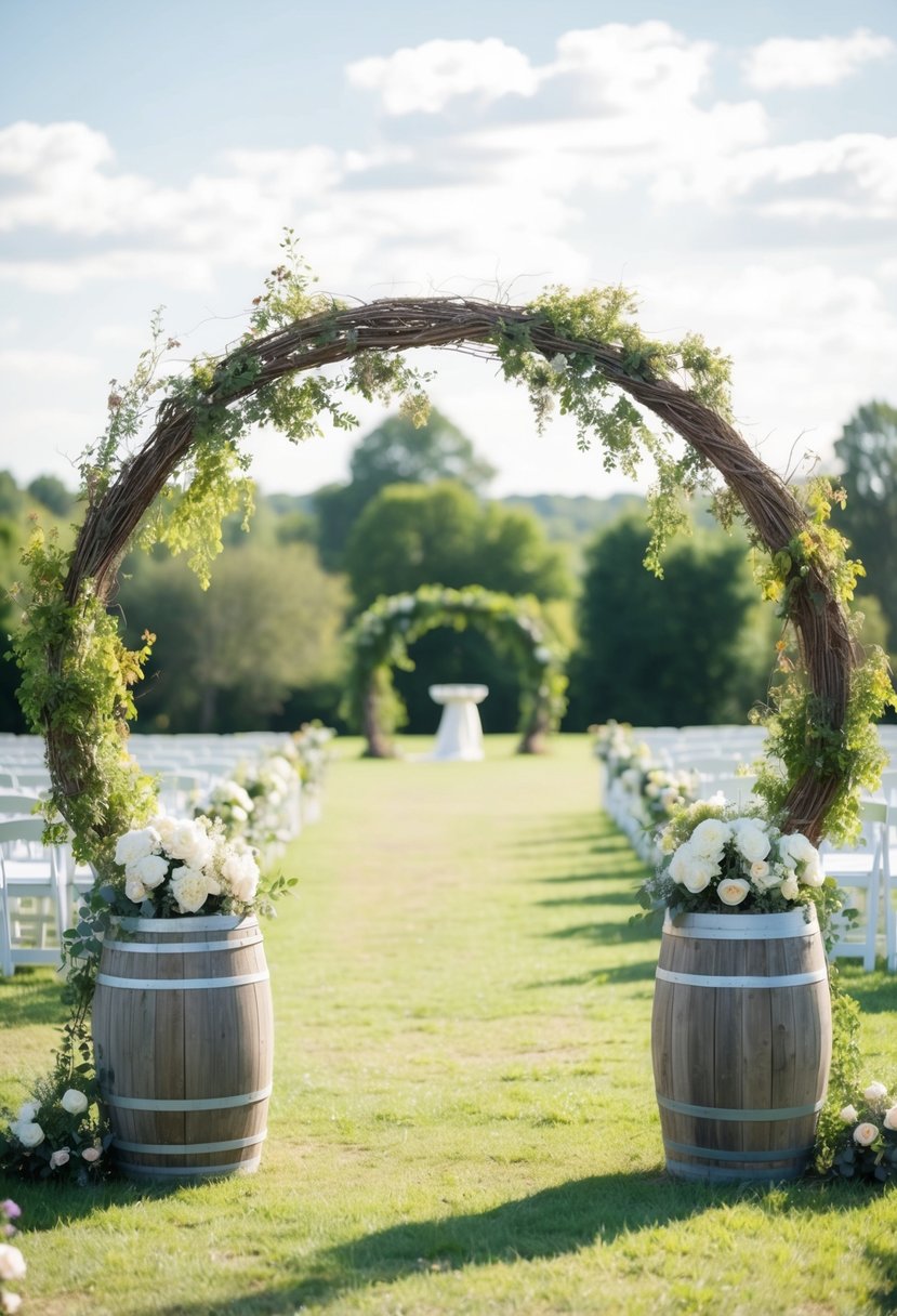 A rustic grapevine circle arch stands adorned with flowers and greenery, creating a charming wedding ceremony backdrop