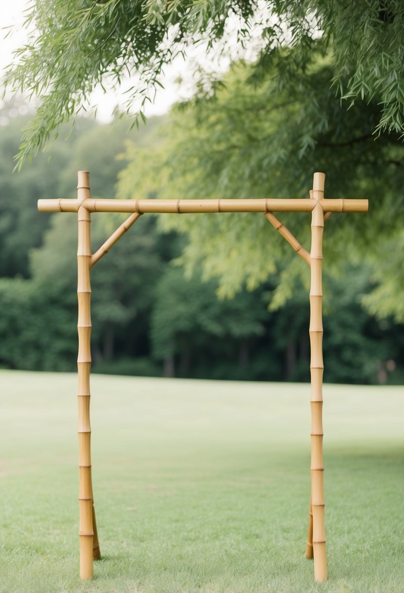 A simple bamboo arch stands in a serene outdoor setting, creating a minimalist and natural backdrop for a wedding ceremony