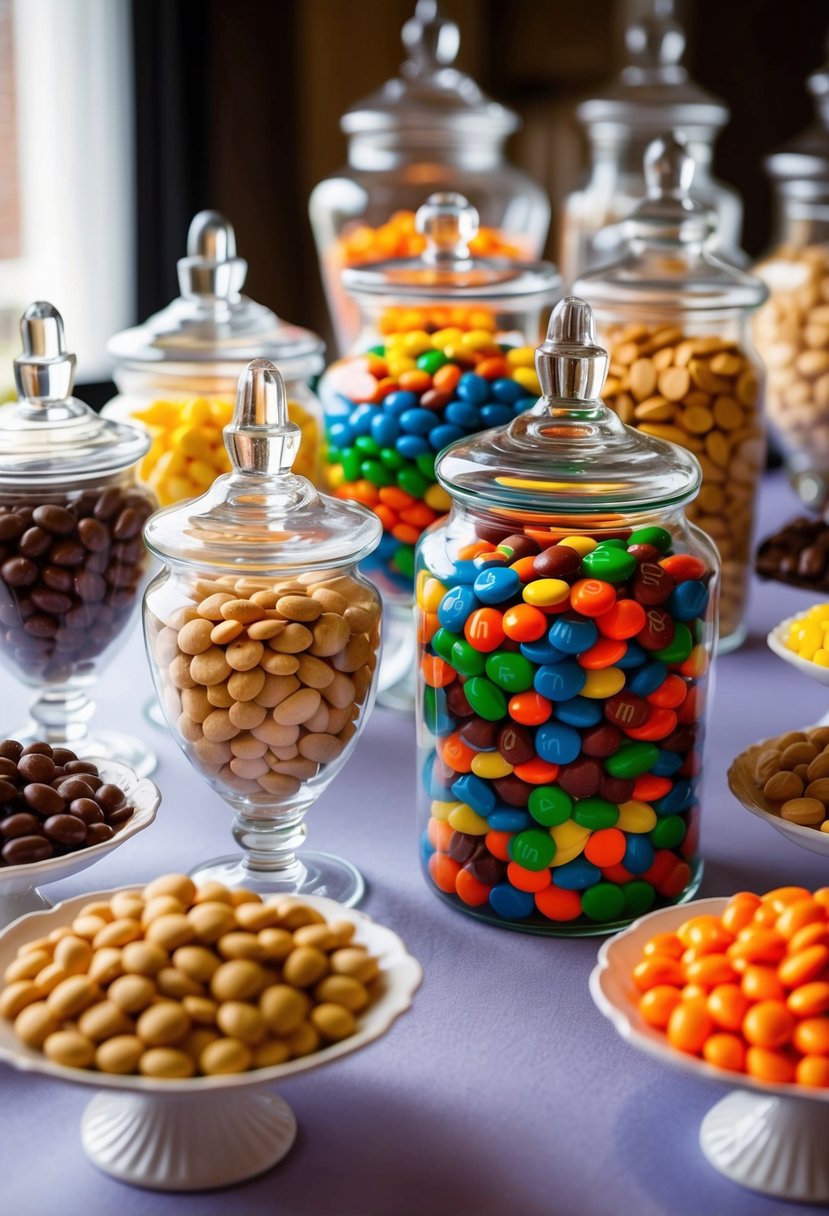 A colorful array of Peanut M&Ms arranged in glass jars and elegant dishes at a wedding candy bar