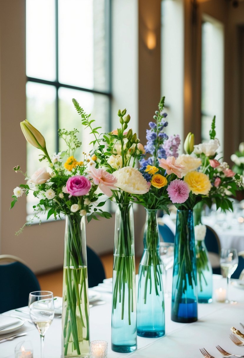 A mix of tall and short vases filled with various blooms, arranged as wedding centerpieces