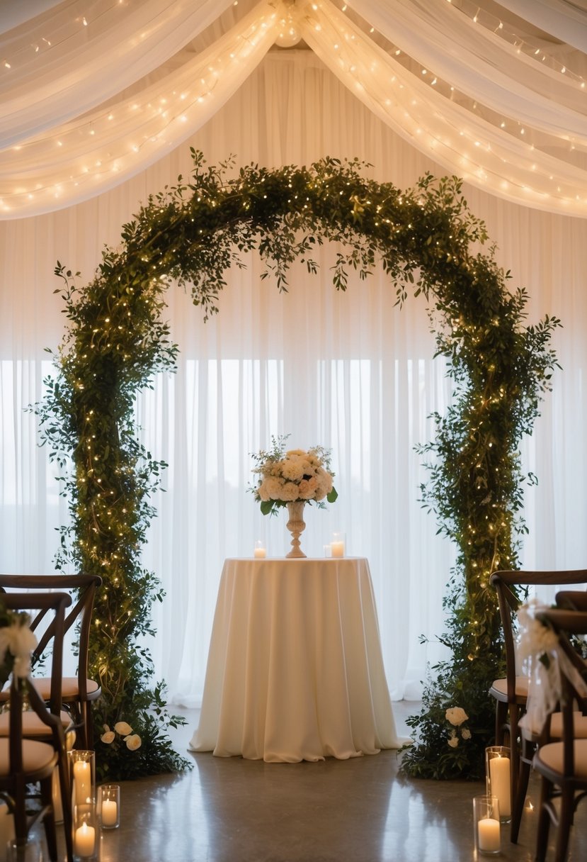 A chiffon-draped wedding arch adorned with fairy lights, creating a romantic and enchanting atmosphere