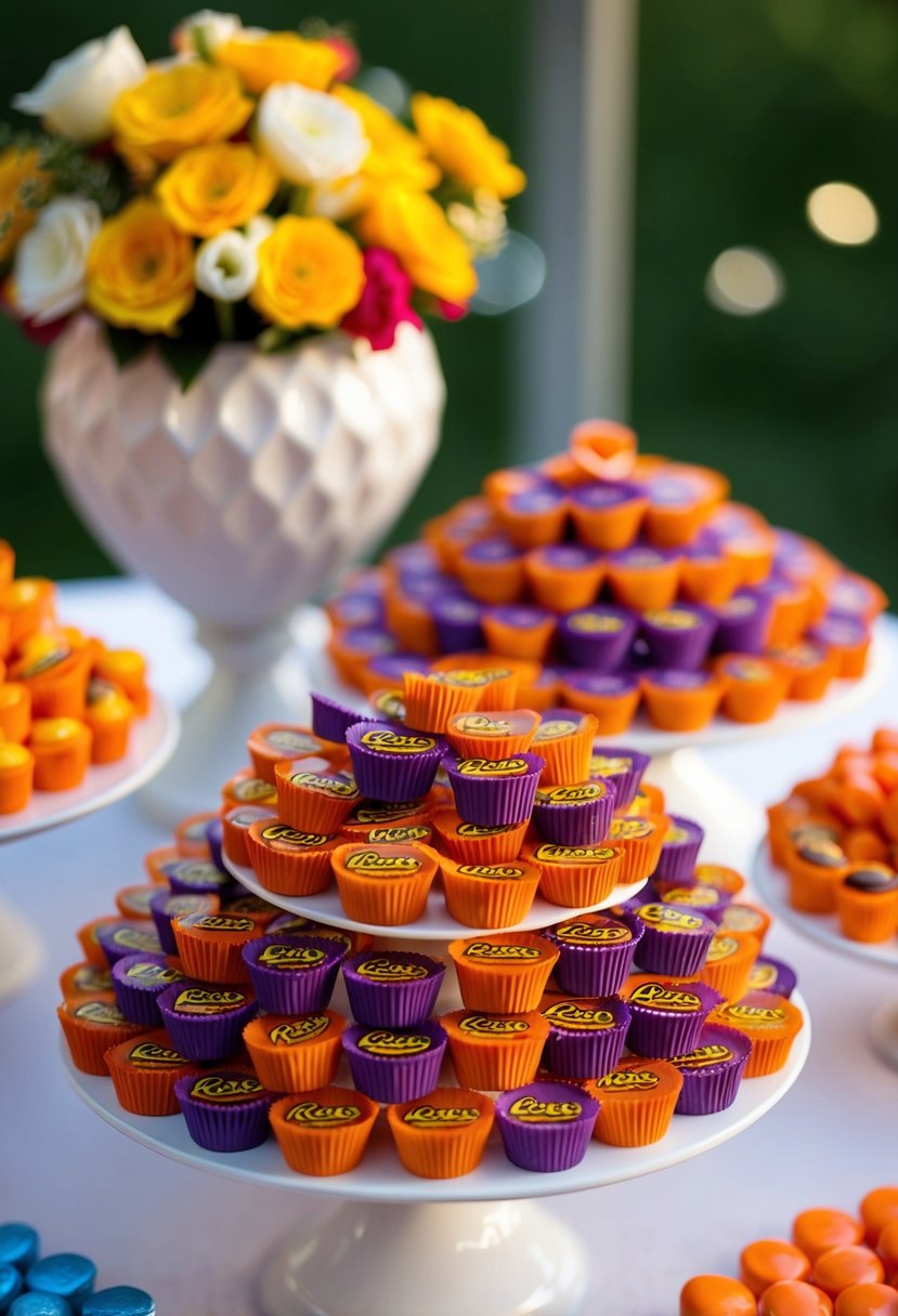 A colorful display of Reese's Mini Cups arranged on a wedding candy bar