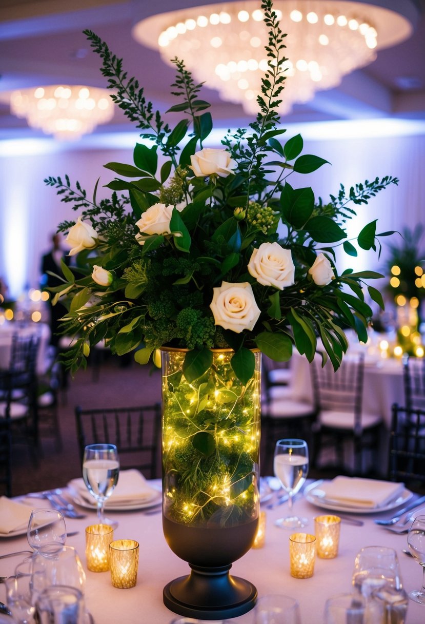 A hurricane vase filled with lush greenery and illuminated by LED lights, creating an elegant wedding centerpiece