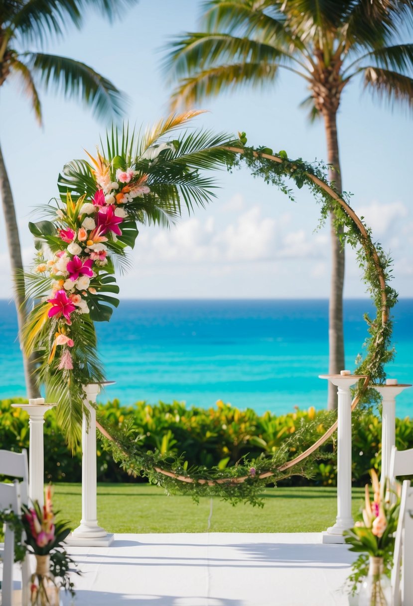 A circle wedding arch adorned with tropical flowers and greenery, set against a backdrop of palm trees and a crystal-clear ocean