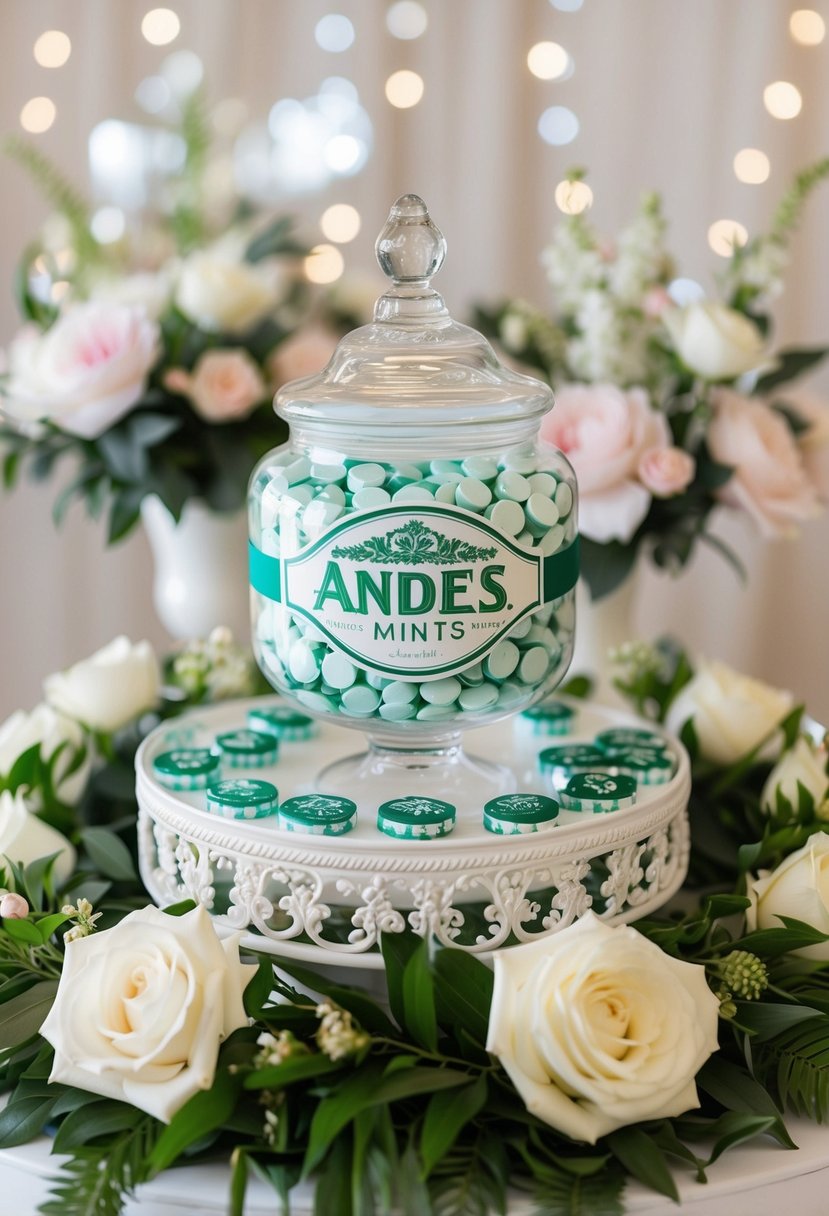 A decorative candy bar featuring Andes Mints, adorned with elegant wedding decor and surrounded by floral arrangements