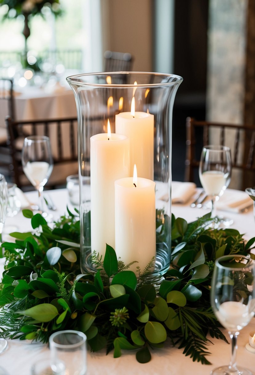 A hurricane vase holds elegant white candles surrounded by lush greenery for a wedding centerpiece