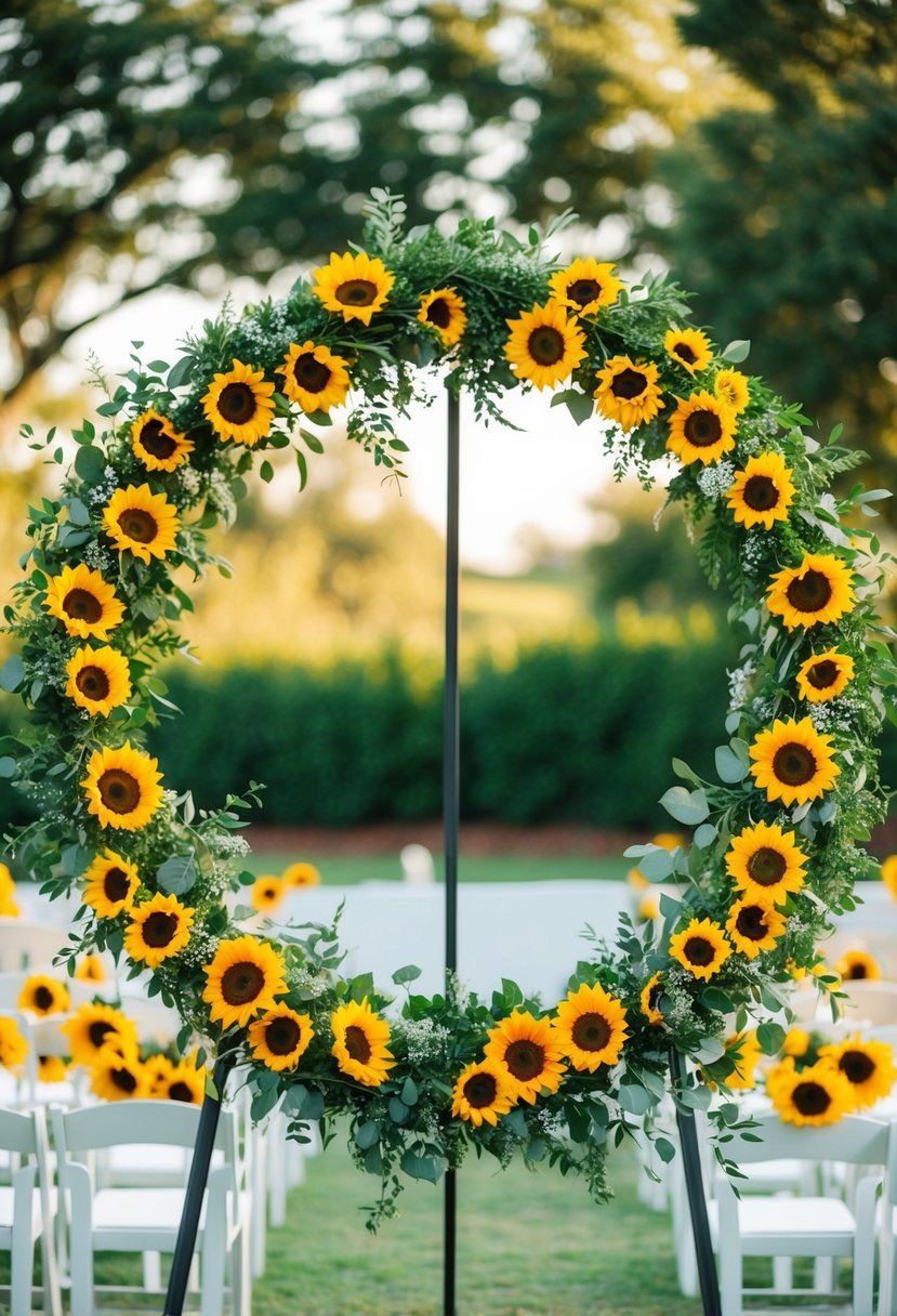 A circular wedding arch adorned with bright sunflowers and greenery