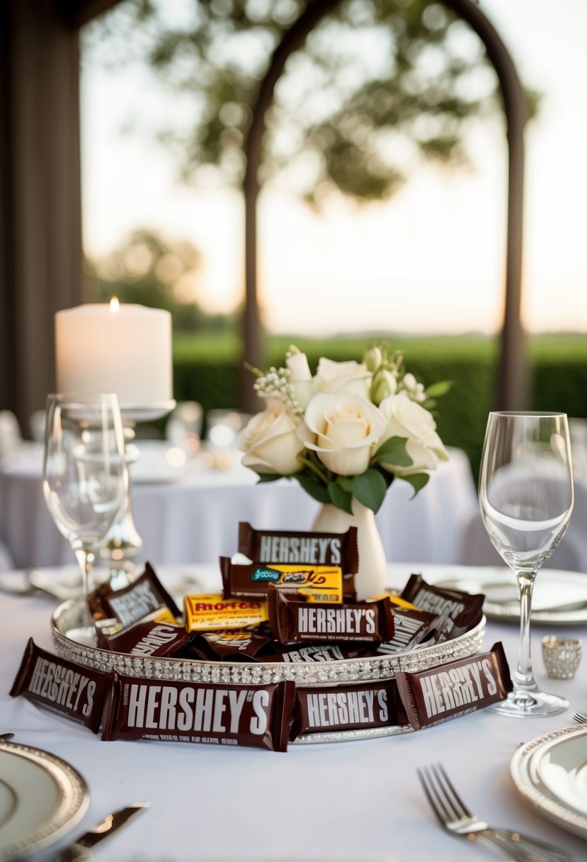 A decorative wedding table with Hershey's Miniatures candy bar and elegant accessories