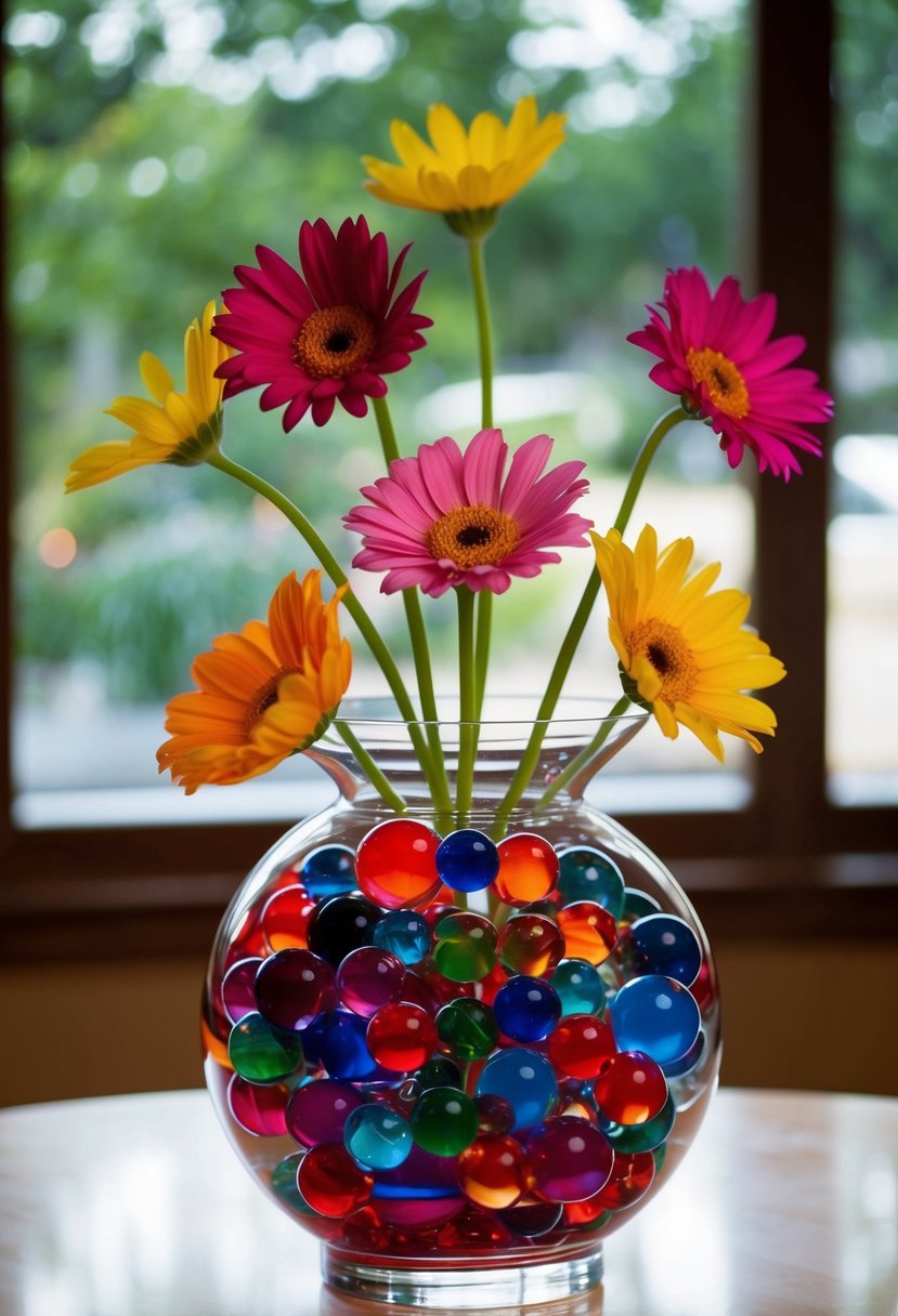 Colorful marbles swirl around floating flower heads in a hurricane vase centerpiece