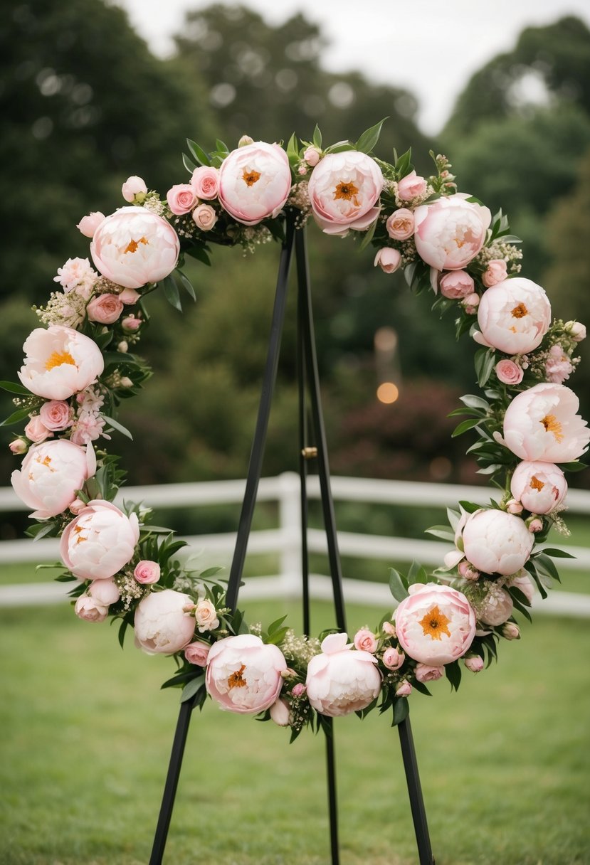 A circle wedding arch adorned with romantic blush peonies