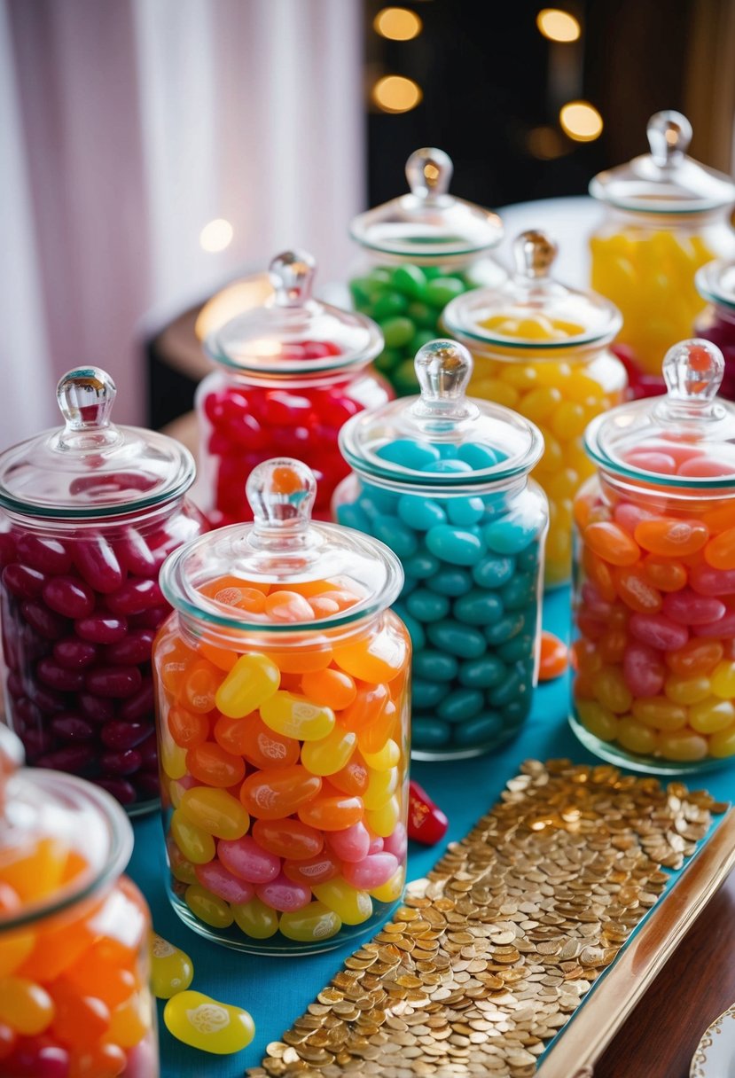 A colorful assortment of Jelly Belly candies arranged in glass jars on a decorated table for a wedding candy bar