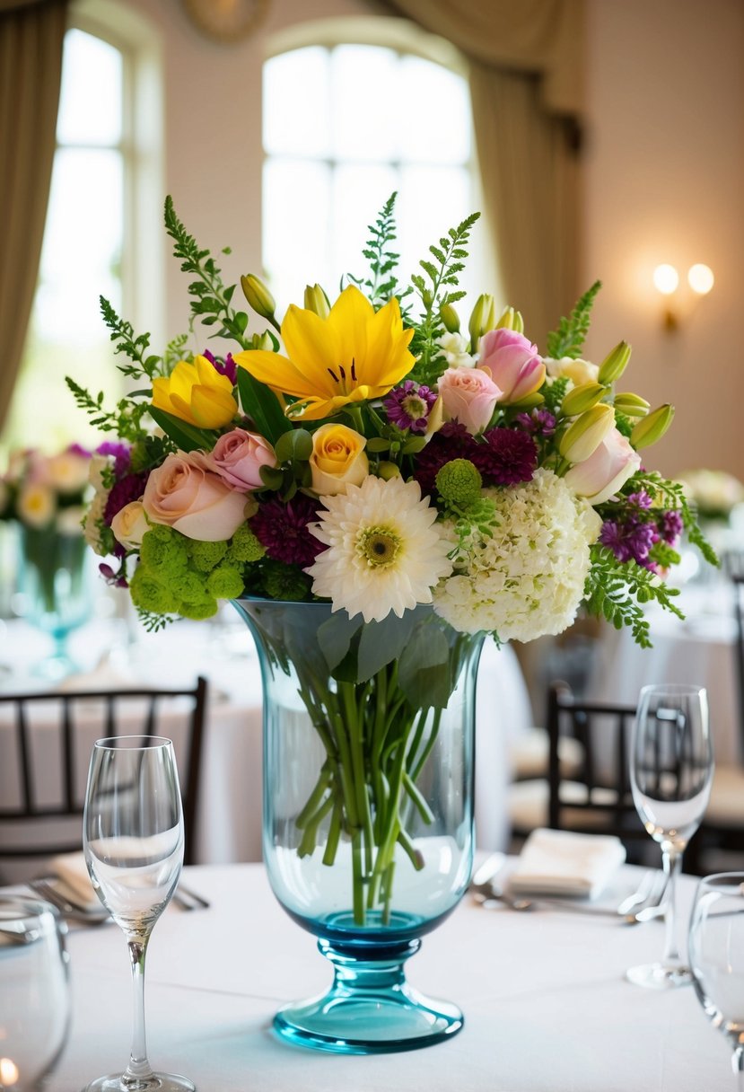 A hurricane vase filled with seasonal blooms in a classic floral arrangement, perfect for a wedding centerpiece