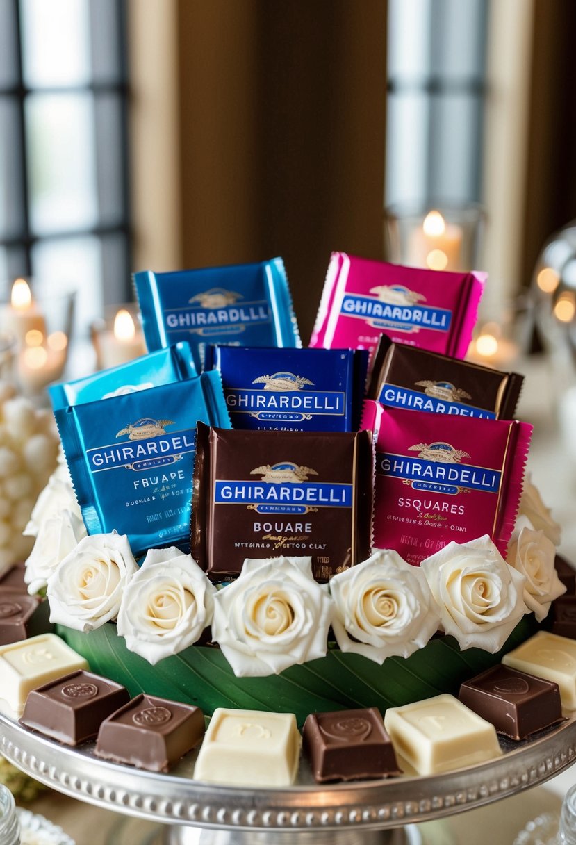 A decorative candy bar featuring Ghirardelli Squares in elegant wedding colors and designs