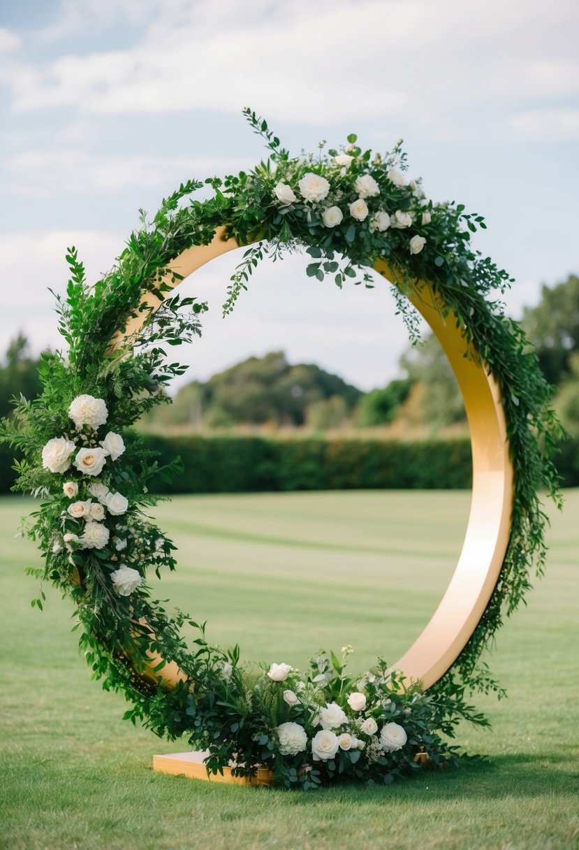 A gold circle adorned with lush greenery, forming a wedding arch