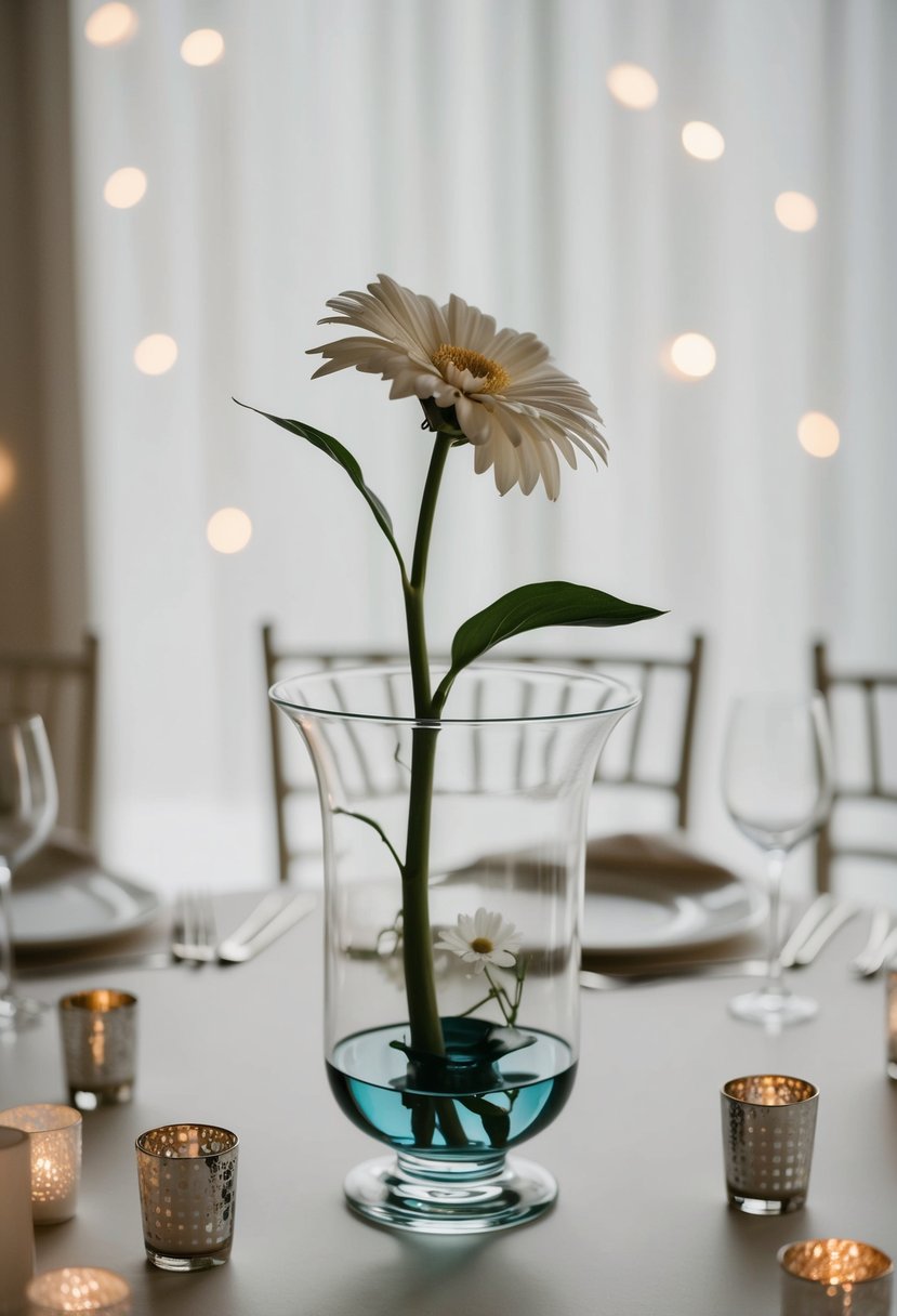 A single stem flower in a hurricane vase, surrounded by minimalist decor for a wedding centerpiece