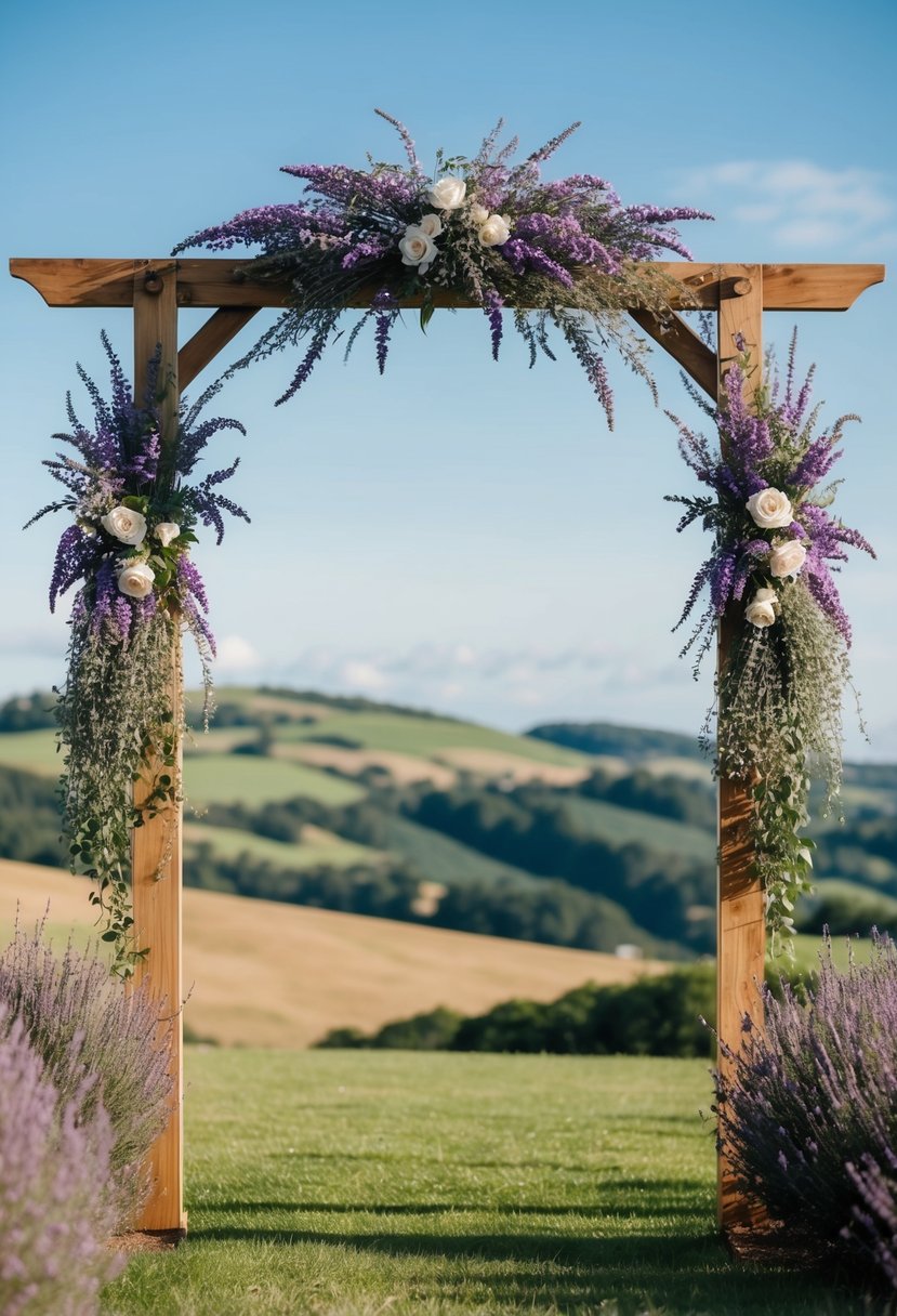 A wooden wedding arch adorned with lavender and heather flowers, set against a backdrop of rolling hills and a clear blue sky