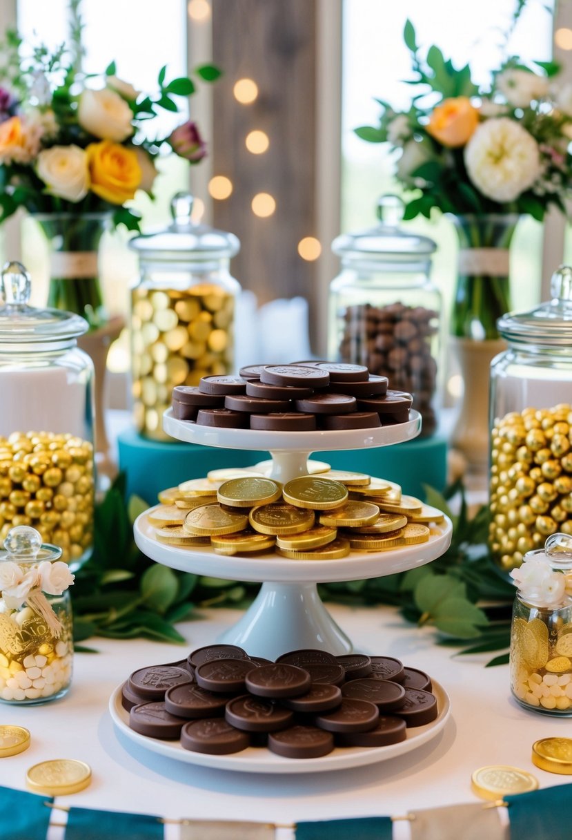 A colorful display of Madelaine Chocolate Coins arranged on a candy bar at a wedding, surrounded by decorative jars and floral accents