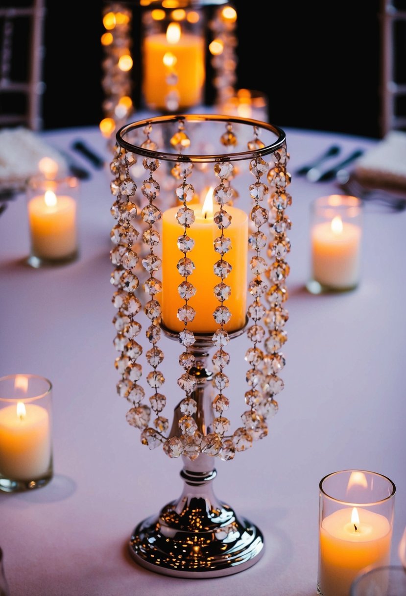 A hurricane vase filled with crystal beads reflects candlelight, creating a dazzling wedding centerpiece