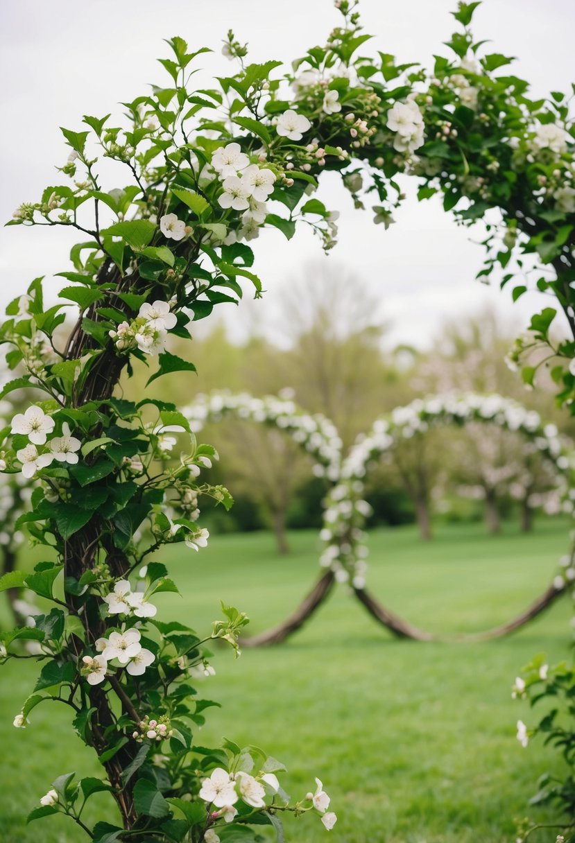 Lush green vine and delicate apple blossoms intertwine around a wedding circle arch, creating a romantic and enchanting backdrop