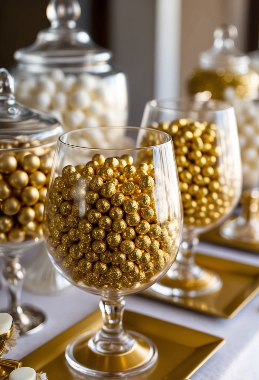 A candy bar display featuring shimmering gold Sixlets and other wedding-themed treats